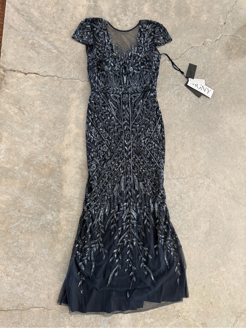 Navy Beaded Maxi Dress with Sheer Yoke - Picture 2 of 13